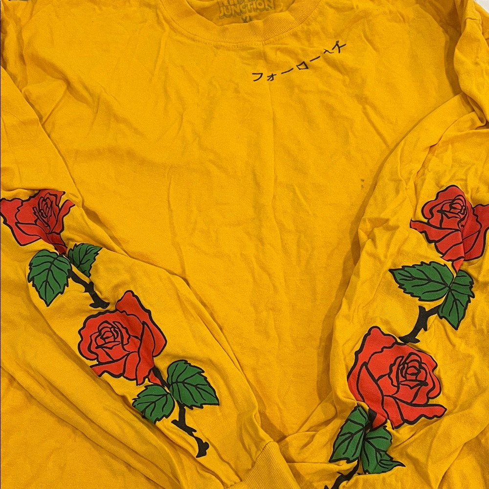 Yellow Long Sleeve Shirt with Red Rose Design